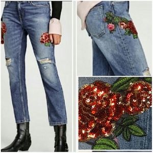 Zara Relaxed Embroidered Sequin Distressed Jeans